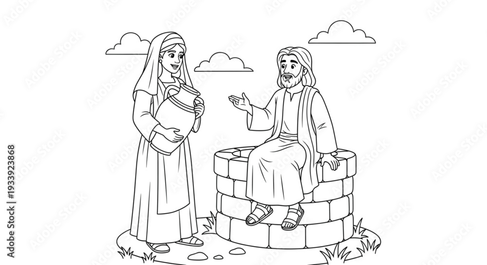 Obraz premium Spiritual Discussion Between Ancient Man and Woman at a Well Line Art for Kids Religious Education and Coloring