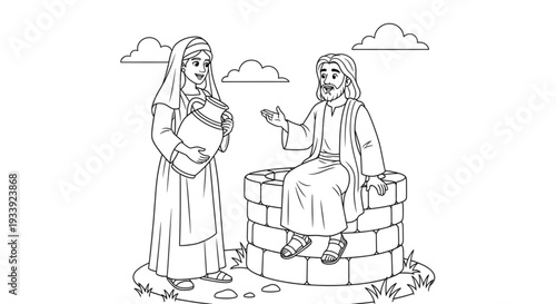 Spiritual Discussion Between Ancient Man and Woman at a Well Line Art for Kids Religious Education and Coloring