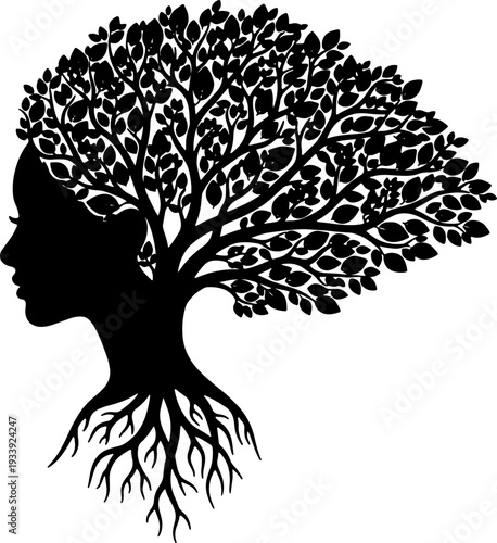 A woman's silhouette morphs into a tree with sprawling roots and leafy branches symbolizing growth and harmony with nature
