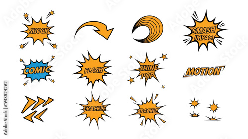 Comic Book Style Elements: A collection of vibrant comic book-style graphics, including speech bubbles and dynamic arrows, ready to infuse any design with bold energy and expressive style.