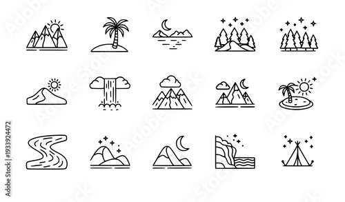 Stylized Landscape Vector Icons with Celestial Elements Monochrome Scenic Views on White Background