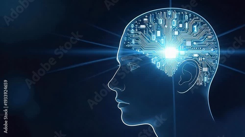 Human head silhouette with glowing circuit board and binary code inside, symbolizing AI, digital intelligence, and the fusion of human mind with technology