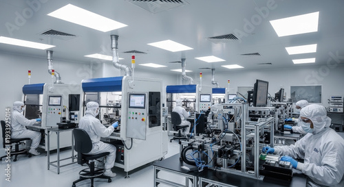 In a sterile cleanroom, workers in protective suits perform delicate work on electronic components, ensuring precision and quality control in manufacturing