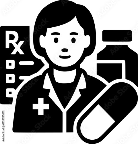 Pharmacist with Rx Prescription and Medicine Capsule Icon – Pharmacy and Medication Vector Illustration