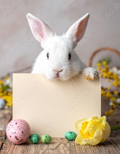 White easter rabbit with sheet for a text writing. Easter concept