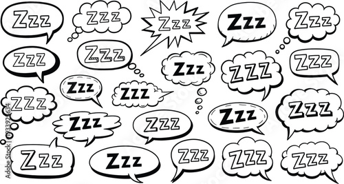 Zzz speech bubbles in doodle style with black outline on white background for sleep and rest illustration