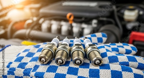 Spark plugs on blue and white checkered cloth in car engine