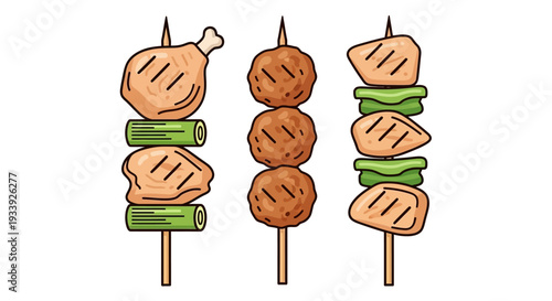 Grilled Skewers: Chicken, Meatballs, and Veggies on Sticks