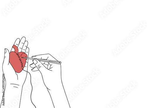 Hands stitching a broken heart with needle and thread, symbolic illustration of healing, love, and emotional recovery, vector isolated on white
