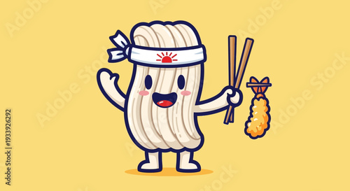 Cute Udon Noodle Character Holding Chopsticks and Tempura