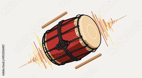 Red Drum with Drumsticks and Sound Waves