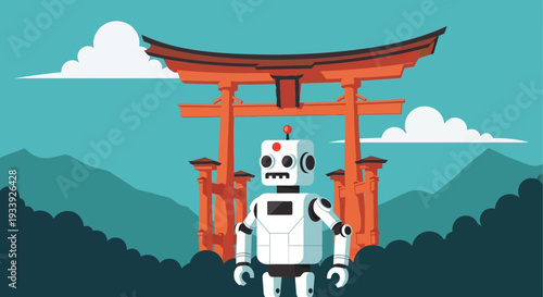 Robot in front of Japanese Torii Gate