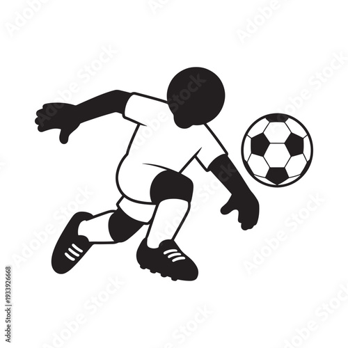 A black and white illustration of a soccer player dribbling a ball