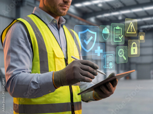 Man in safety vest using digital tablet for workplace safety management, displaying holographic icons for health, compliance, and security in an industrial environment.