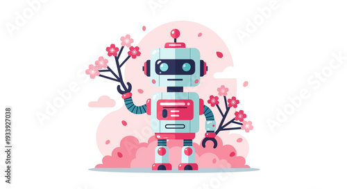 Cute Robot Holding Cherry Blossoms, Spring AI Concept