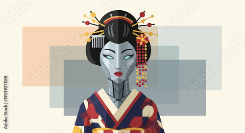 Futuristic Geisha Robot with Traditional Kimono and Modern Art
