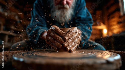 An experienced potter skillfully shapes a clay vessel on a spinning wheel, showcasing the intricate and messy art of pottery with dedication and passion.