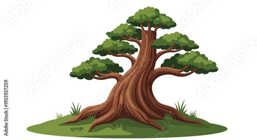 Stylized Bonsai Tree Illustration on Green Hill