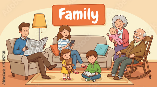 Family Gathering Cartoon Illustration Living Room Scene.