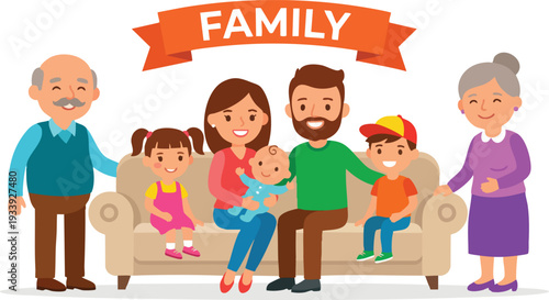 Happy Cartoon Family with Elderly Relatives.