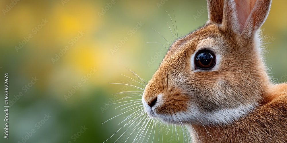 Fototapeta premium A hare is looking to the side with its ears upright in a green environment