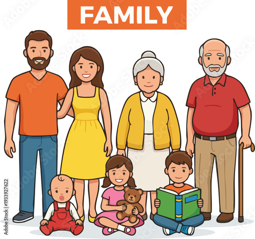 Cartoon Family Group with Elderly Parents.