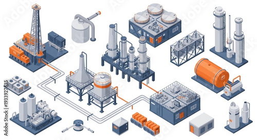 Industrial factory complex with interconnected pipelines and various structures isometric view.