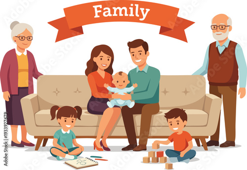 Illustration of Happy Family with Children and Grandparents.