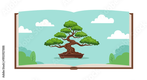 Bonsai Tree Illustration in Open Book, Nature Story Concept