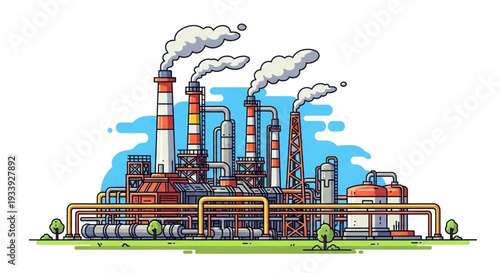 Industrial Factory Complex with Smoke Stacks and Pipes.