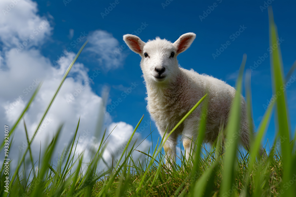 Fototapeta premium A lamb looks down from a grassy field under a bright sky