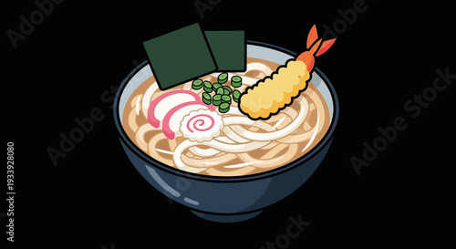 Japanese Udon Noodle Soup with Shrimp Tempura and Narutomaki