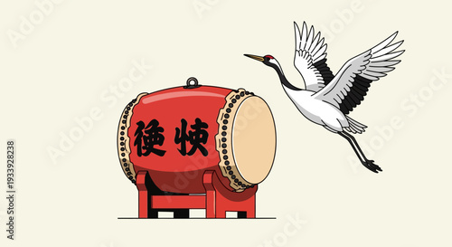 Red Japanese Drum and Flying Crane