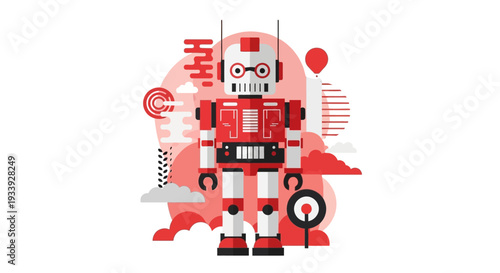 Retro Robot Character with Red and White Design