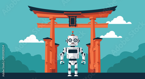 Robot Standing In Front Of Japanese Torii Gate