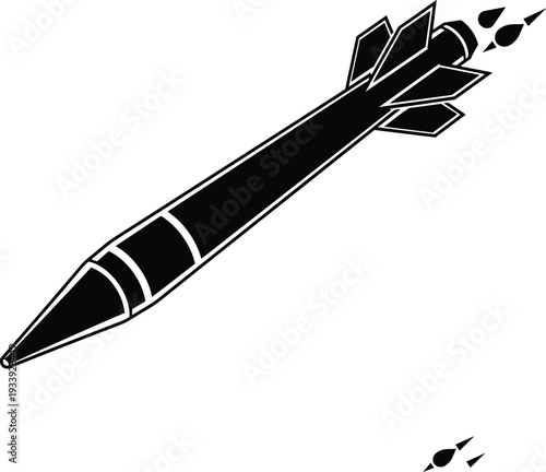 Military missile silhouette vector illustration showing modern guided rocket weapon in black flat style isolated on white background