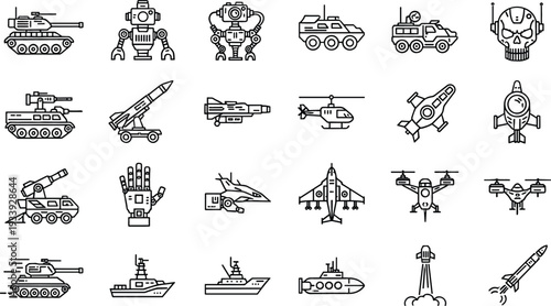Military weapons and vehicles line icon set including tanks robots missiles drones aircraft ships submarines black outline vector illustration