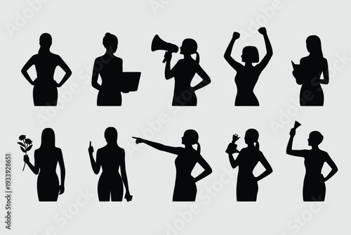 Silhouettes of women in various poses and activities