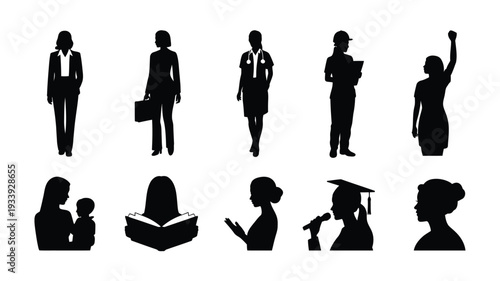 Silhouettes of Women in Various Roles and Activities
