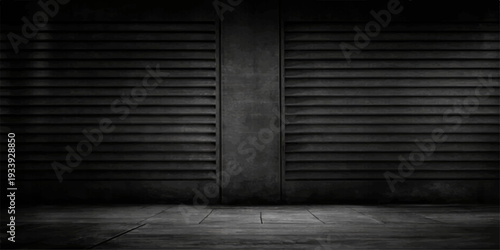 Dark empty room featuring a vintage grunge interior design with textured concrete walls and a gray stone floor for a moody black and white architectural backdrop