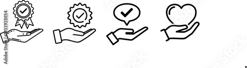 Four hands holding various quality and approval symbols