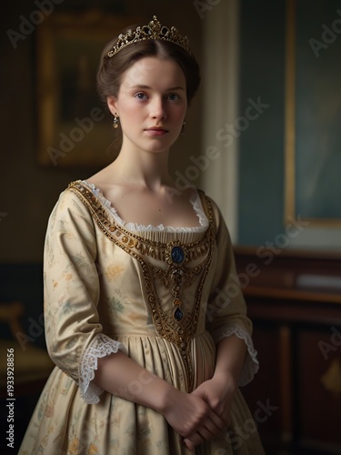 Elegant Portrait of a Young Royal Woman in Ornate 18th-Century Period Gown and Jeweled Tiara, Historical Palace Interior