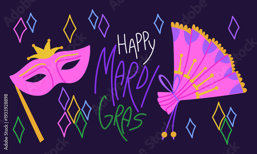 Mardi Gras carnival horizontal banner with pink masquerade mask and fan. Flat illustration for fat tuesday party posters, greeting cards or festival event invitations