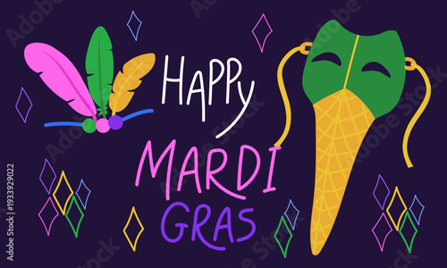 Happy Mardi Gras horizontal banner with carnival mask on stick and colorful feathers. Flat illustration for fat tuesday party posters, masquerade greeting cards or festival event invitations