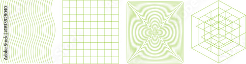 Geometric green line patterns illustration, wavy vertical lines, square grid, concentric rounded squares, wireframe cube lattice, abstract mathematical visualization design