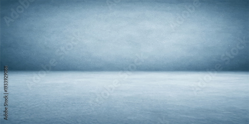 An abstract landscape of a vintage blue concrete wall featuring a grunge texture that blends into a summer horizon of ocean waves and light clouds