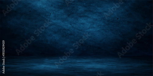 A dark blue grunge background captures a stormy night sky where moonlight pierces through thick clouds and fog over a motion-filled ocean wave