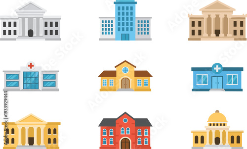 Flat vector public buildings icon set including bank hospital school courthouse and government architecture collection isolated on white background for infographic design