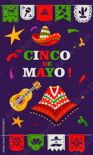 Cinco de Mayo vertical banner with mexican guitar, poncho and festive bunting. Flat illustration for social media stories, holiday party posters, cultural greeting cards or event invitations
