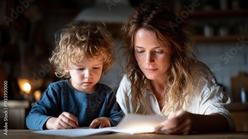 A mother and her young son engage in a focused activity at home, emphasizing the bond of learning, love, and attention in a cozy, nurturing environment.
